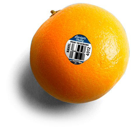 An orange with a print on demand label